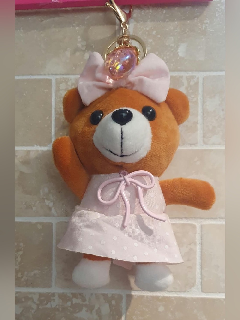 Plush Bear Key Chain and Bag Charm in Brown with Pink Dress and Bow